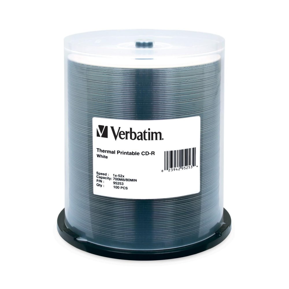 Verbatim CD-R 700MB 52X White Thermal Printable - 100pk Spindle - 700MB - 100 Pack MPN:95253