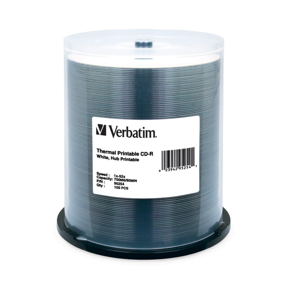 Verbatim CD-R 700MB 52X White Thermal Printable, Hub Printable - 100pk Spindle - 700MB - 100 Pack MPN:95254