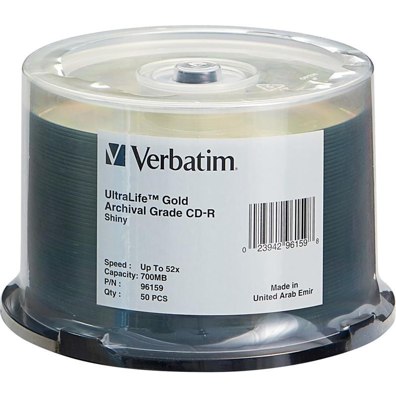 Verbatim CD-R 700MB 52X UltraLife Gold Archival Grade with Branded Surface - 50pk Spindle - 700MB - 50 Pack MPN:96159