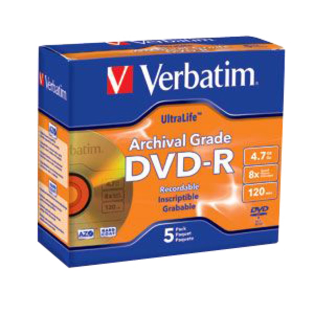 Verbatim UltraLife Archival Grade Gold DVD-R, Pack Of 5 MPN:96320