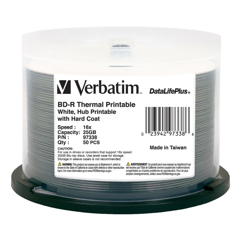 Verbatim BD-R 25GB 16X DataLifePlus White Thermal Printable, Hub Printable - 50pk Spindle - 50pk Spindle MPN:97338