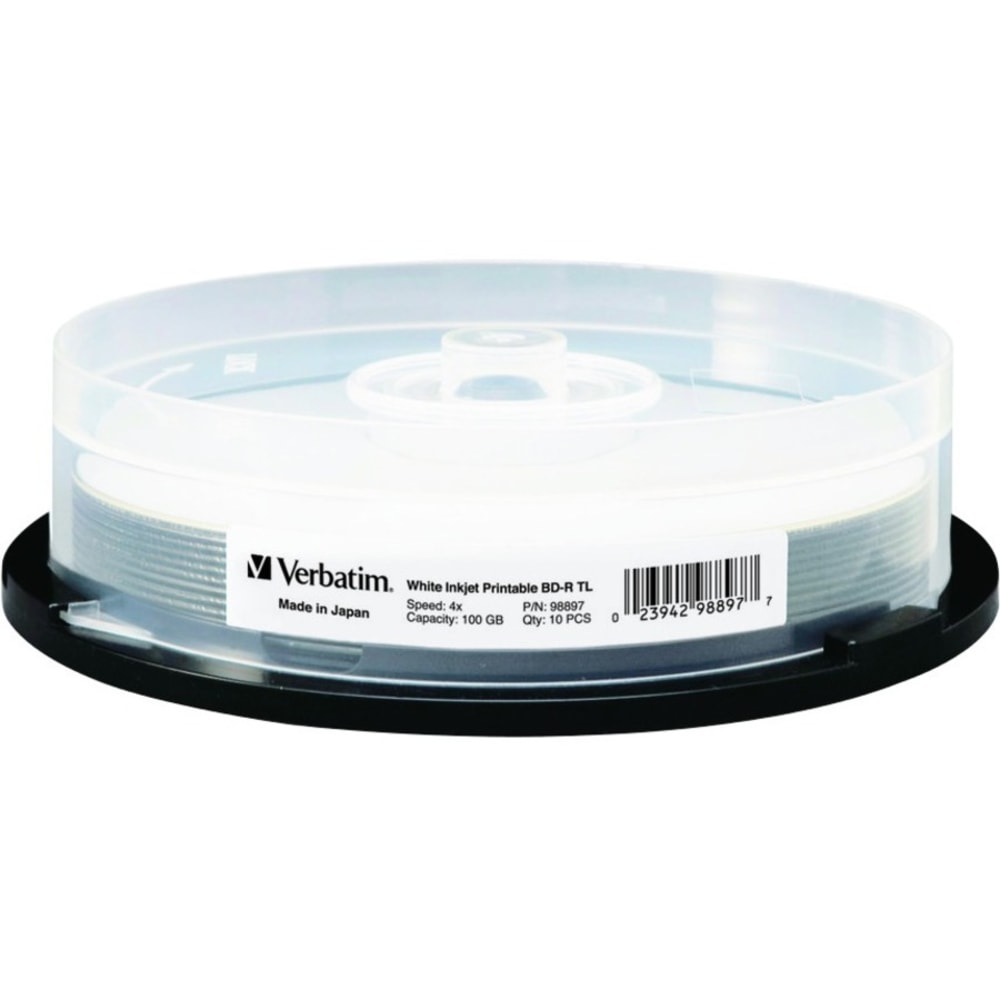 Verbatim BDXL 100GB 4X White Inkjet Printable, Hub Printable - 10pk Spindle - White Inkjet, Hub - 10pk Spindle MPN:98897