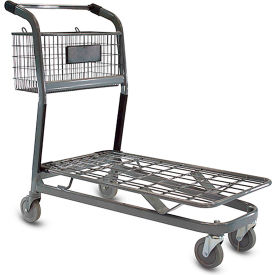 VersaCart Nesting Flatbed Cart with Wire Utility Basket & Black Plastic Accessories Metallic Gray 109-725-B MTG