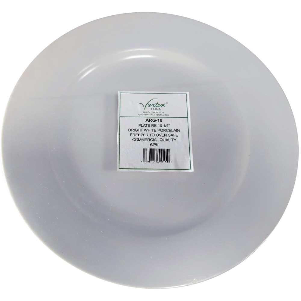 Hoffman Vertex China Ceramic Argyle Collection Rolled Edge Plates, 10-1/4in, Bright White, Case Of 12 Plates MPN:ARG-16/6