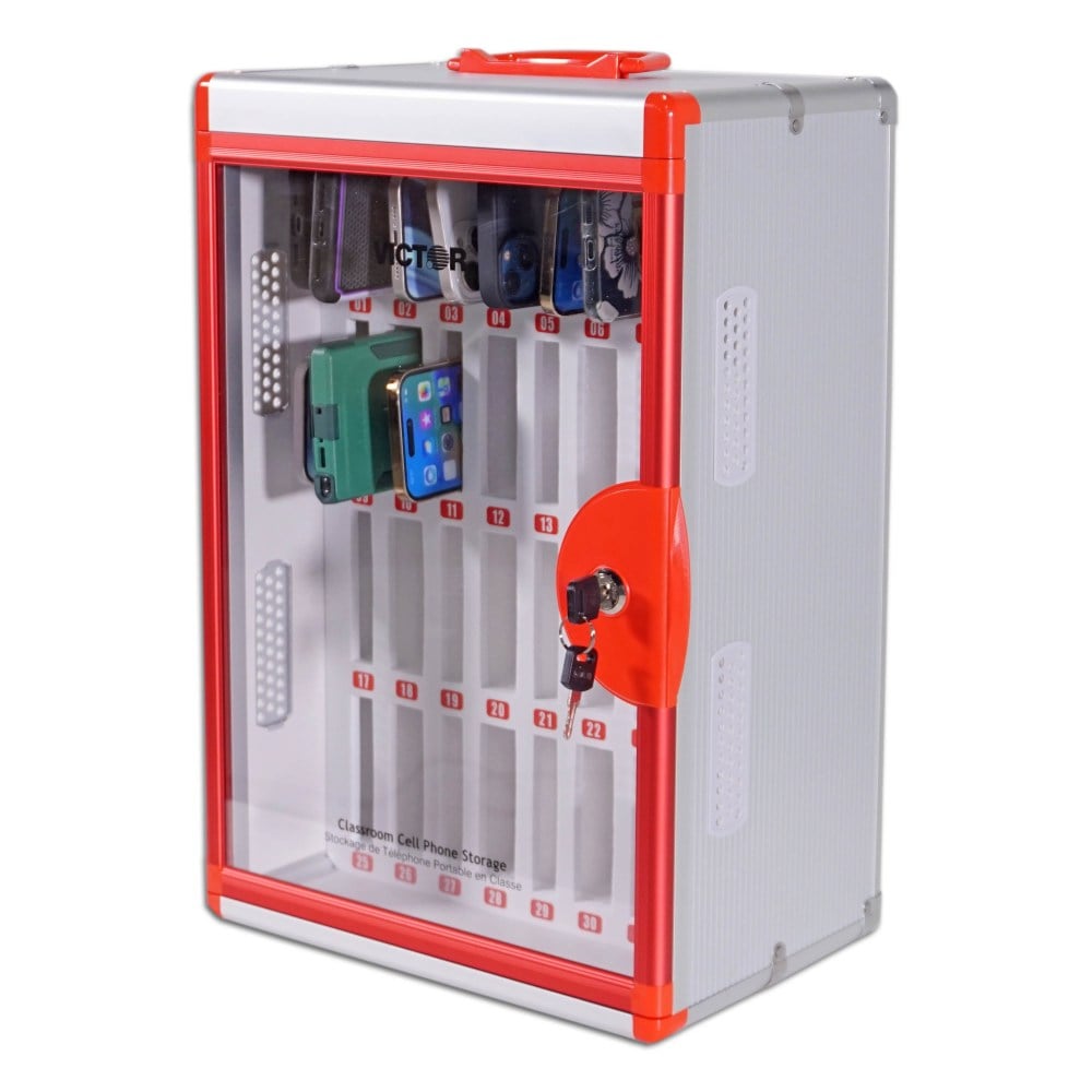 Victor Aluminum Classroom Cell Phone Locker, 20-3/4inH x 12-7/16inW x 8-1/2inD, White/Red MPN:PB032