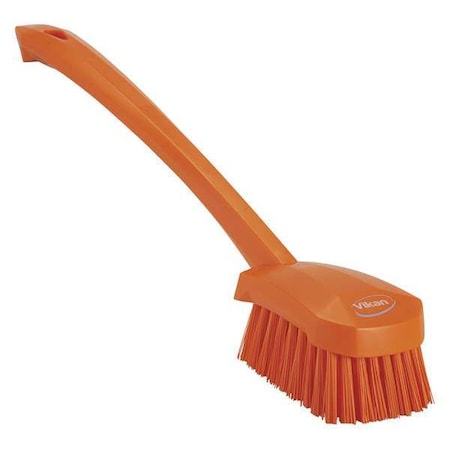 2 3/4 in W Scrub Brush, Stiff, 11 51/64 in L Handle, 4 1/2 in L Brush, Orange, Plastic MPN:41867