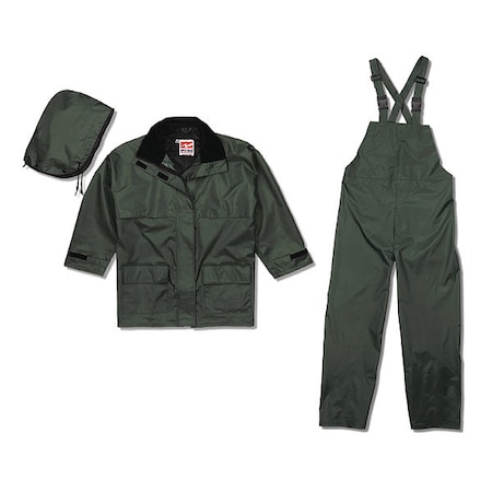 3-Piece Rainsuit with Detachable Hood, Polyester, PVC, 150 den Thick, Detachable, Green, M MPN:2900G-M