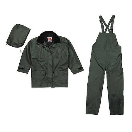 3-Piece Rainsuit with Detachable Hood, Polyester, PVC, 150 den Thick, Detachable, Green, 2XL MPN:2900G-XXL
