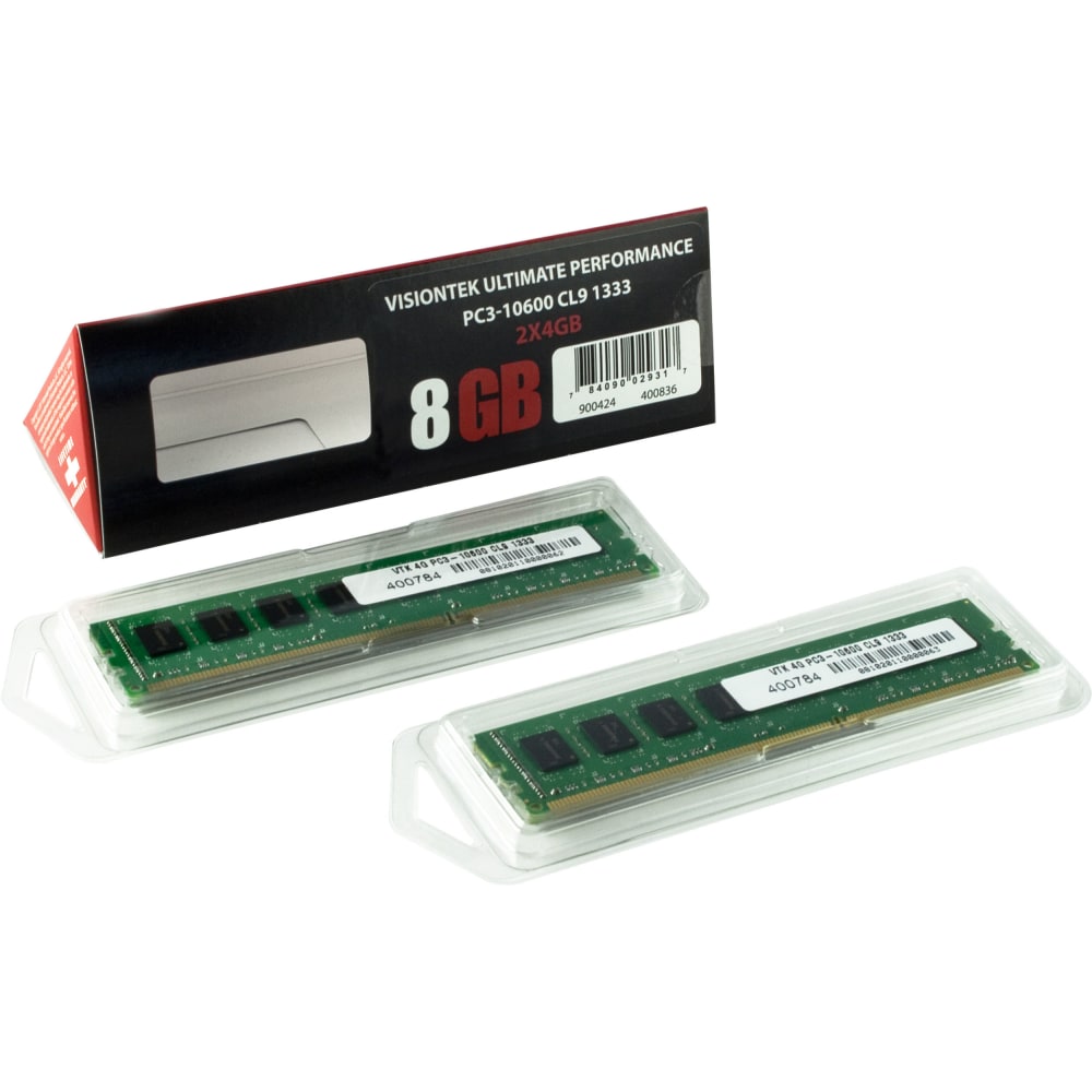 VisionTek 2 x 4GB PC3-10600 DDR3 1333MHz 240-pin DIMM Memory Module - For Desktop PC - 8 GB (2 x 4GB) - DDR3-1333/PC3-10600 DDR3 SDRAM - 1333 MHz - CL9 - 1.50 V - Non-ECC - Unbuffered - 240-pin - DIMM - Lifetime Warranty MPN:900424