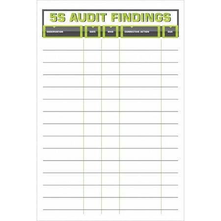 5S Audit Findings Board, Steel, 36 in, 24 in, No Frame Frame, White, Gloss MPN:60-1930-3624-047