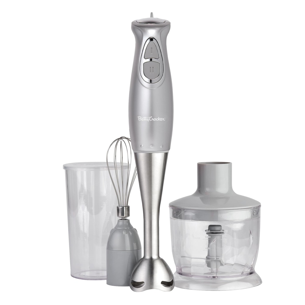 Betty Crocker 2-Speed Corded Electric Hand Blender With Beaker, Chopper, And Whisk, Silver MPN:BC-4306S