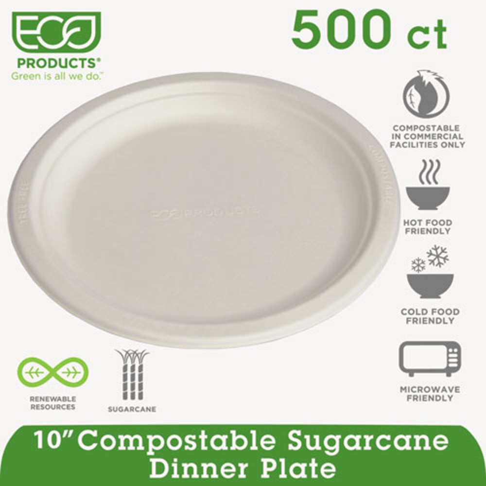 Eco-Products Sugarcane Plates - 10in Diameter Plate - Sugarcane Fiber Plate - Microwave Safe - 500 Piece(s) / Carton MPN:EPP005CT