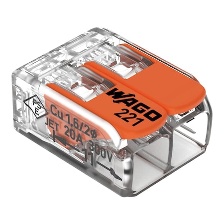 Lever Wire Connector, 12 AWG Max, 2 Port, Transparent, Polycarbonate Insulation, 600 V, 32 A, 100PK MPN:221-412/K194-4045