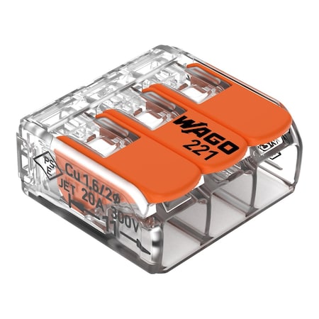 Lever Wire Connector, 12 AWG Max, 3 Port, Transparent, Polycarbonate Insulation, 600 V, 32 A, 50 PK MPN:221-413/K194-4045