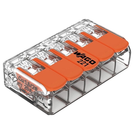 Lever Wire Connector, 12 AWG Max, 5 Port, Transparent, Polycarbonate Insulation, 600 V, 32 A, 25 PK MPN:221-415/K194-4045