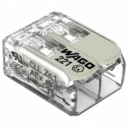 Push-In Wire Connector, 12 AWG Max, 2 Port, Gray, Polycarbonate Insulation, 440 V, 20 A MPN:221-482
