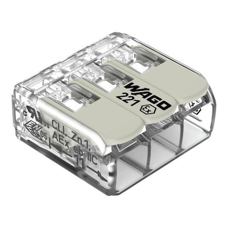 Push-In Wire Connector, 12 AWG Max, 3 Port, Gray, Polycarbonate Insulation, 440 V, 20 A MPN:221-483