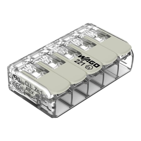 Push-In Wire Connector, 12 AWG Max, 5 Port, Gray, Polycarbonate Insulation, 440 V, 20 A MPN:221-485