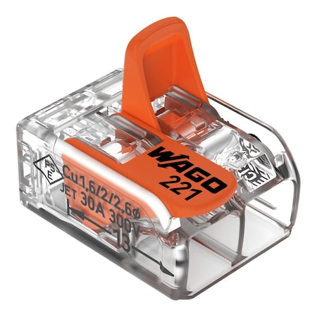 Lever Wire Connector, 10 AWG Max, 2 Port, Transparent, Polycarbonate Insulation, 600 V, 30 A, 50 PK MPN:221-612/K194-4045