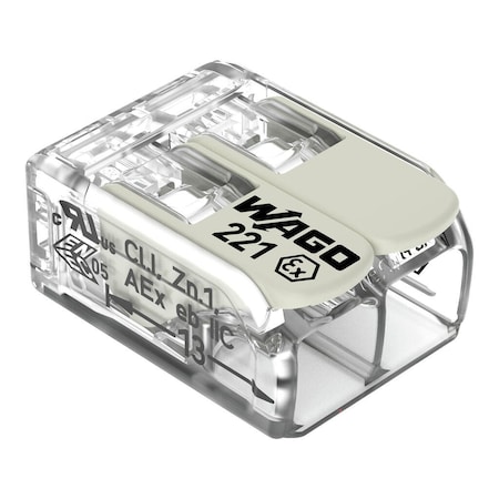 Push-In Wire Connector, 10 AWG Max, 2 Port, Gray, Polycarbonate Insulation, 440 V, 30 A MPN:221-682