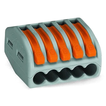 Push-In Wire Connector, 12 AWG Max, 5 Port, Gray, None Insulation, 600 V, 20 A MPN:222-415