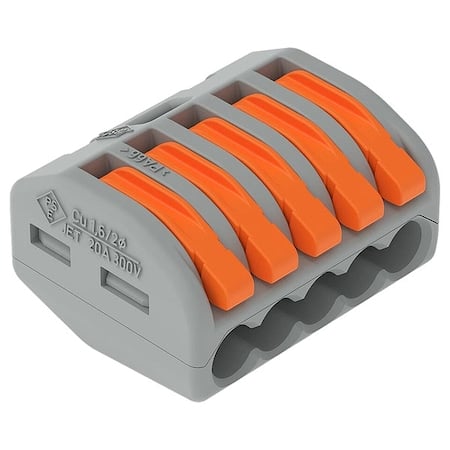 Lever Wire Connector, 12 AWG Max, 5 Port, Gray, Polycarbonate Insulation, 600 V, 20 A, 40 PK MPN:222-415/K194-4045
