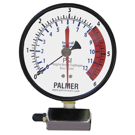Pressure Gauge, 0 to 6 psi, 4 in Dial, 3/4 in NPT, Bottom Location, Steel Case Material MPN:40KBDLA6#Hg