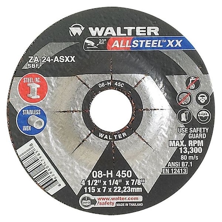 Depressed Center Grinding Wheel, Type 27, 4 1/2 in Dia, 0.25 in Thick, 7/8 in Arbor Hole Size MPN:08H450