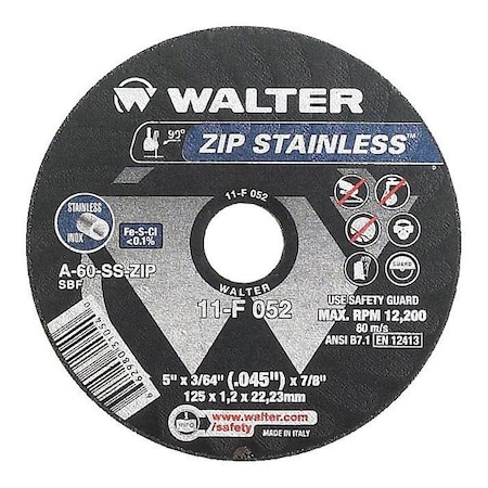 Abrasive Cut-Off Wheel, Type 1, 4 1/2 in Dia, 0.0469 in Thick, 7/8 in Arbor Hole Size, 60 Grit MPN:11F042
