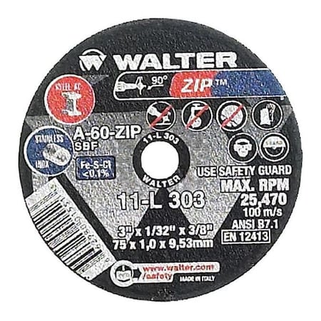 Abrasive Cut-Off Wheel, Type 1, 3 in Dia, 0.0313 in Thick, 1/4 in Arbor Hole Size, Aluminum Oxide MPN:11L302