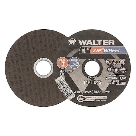 Abrasive Cut-Off Wheel, Type 1, 4 1/2 in Dia, 0.0469 in Thick, 7/8 in Arbor Hole Size, 60 Grit MPN:11T042