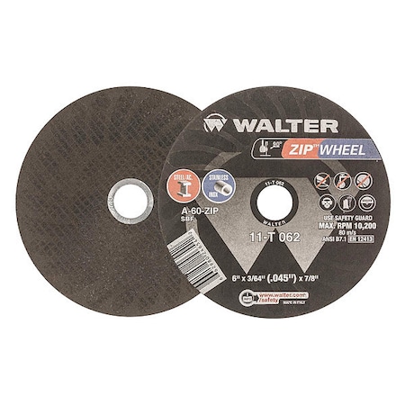 Abrasive Cut-Off Wheel, Type 1, 6 in Dia, 0.0469 in Thick, 7/8 in Arbor Hole Size, Aluminum Oxide MPN:11T062