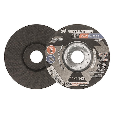 Depressed Center Cut-Off Wheel, Type 27, 4 1/2 in Dia, 0.0469 in Thick, 7/8 in Arbor Hole Size MPN:11T142