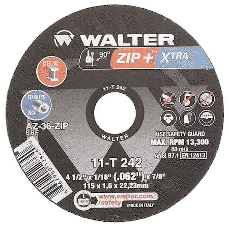 Abrasive Cut-Off Wheel, Type 1, 4 1/2 in Dia, 0.0625 in Thick, 7/8 in Arbor Hole Size, 46 Grit MPN:11T242