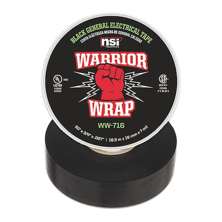 Electrical Tape, Vinyl, 7 mil, Black MPN:WW-716