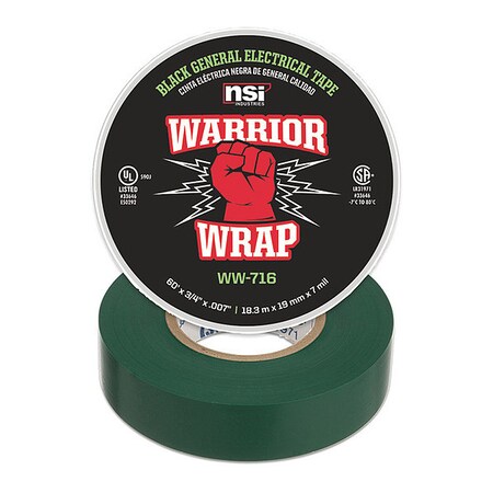 Electrical Tape, Vinyl, 7 mil, Green MPN:WW-716-GN