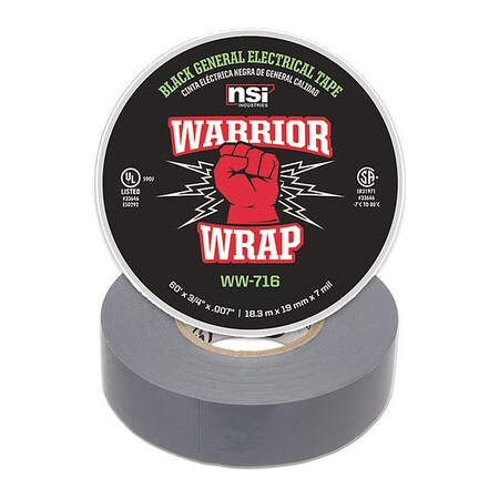 Electrical Tape, Vinyl, 7 mil, Grey MPN:WW-716-GY