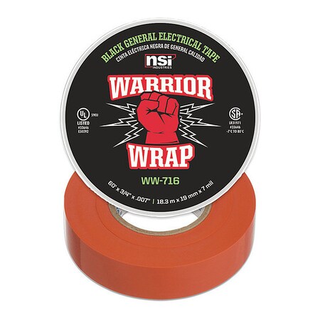 Electrical Tape, Vinyl, 7 mil, Orange MPN:WW-716-OR