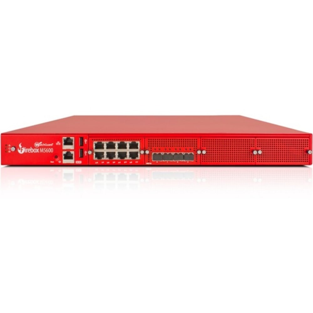WatchGuard Firebox M5600 and 1-yr Standard Support - 8 Port - 10GBase-X 10 Gigabit Ethernet; 1000Base-T - RSA; AES (256-bit); DES; SHA-2; AES (192-bit); AES (128-bit); 3DES - 8 x RJ-45 - 6 - SFP+ - 4 x SFP+ - Rack-mountable MPN:WG561001