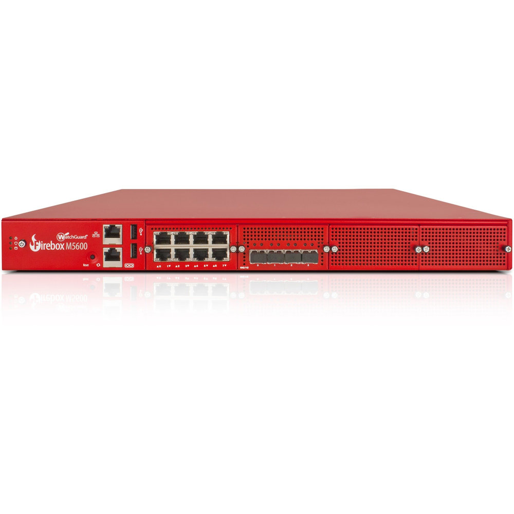 WatchGuard Firebox M5600 with 1-yr Basic Security Suite - 8 Port - 10GBase-X 10 Gigabit Ethernet; 1000Base-T - RSA; AES (256-bit); DES; SHA-2; AES (192-bit); AES (128-bit); 3DES - 8 x RJ-45 - 6 - SFP+ - 4 x SFP+ - Rack-mountable MPN:WG561031