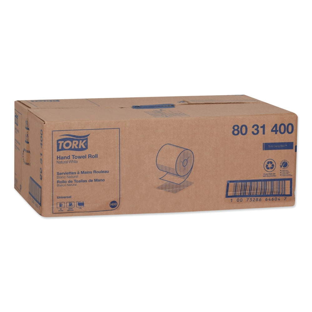 Tork Universal Hand Towel Roll, Notched, 1-Ply, 8in x 800 ft, Natural White, 6 Rolls/Carton MPN:8031400