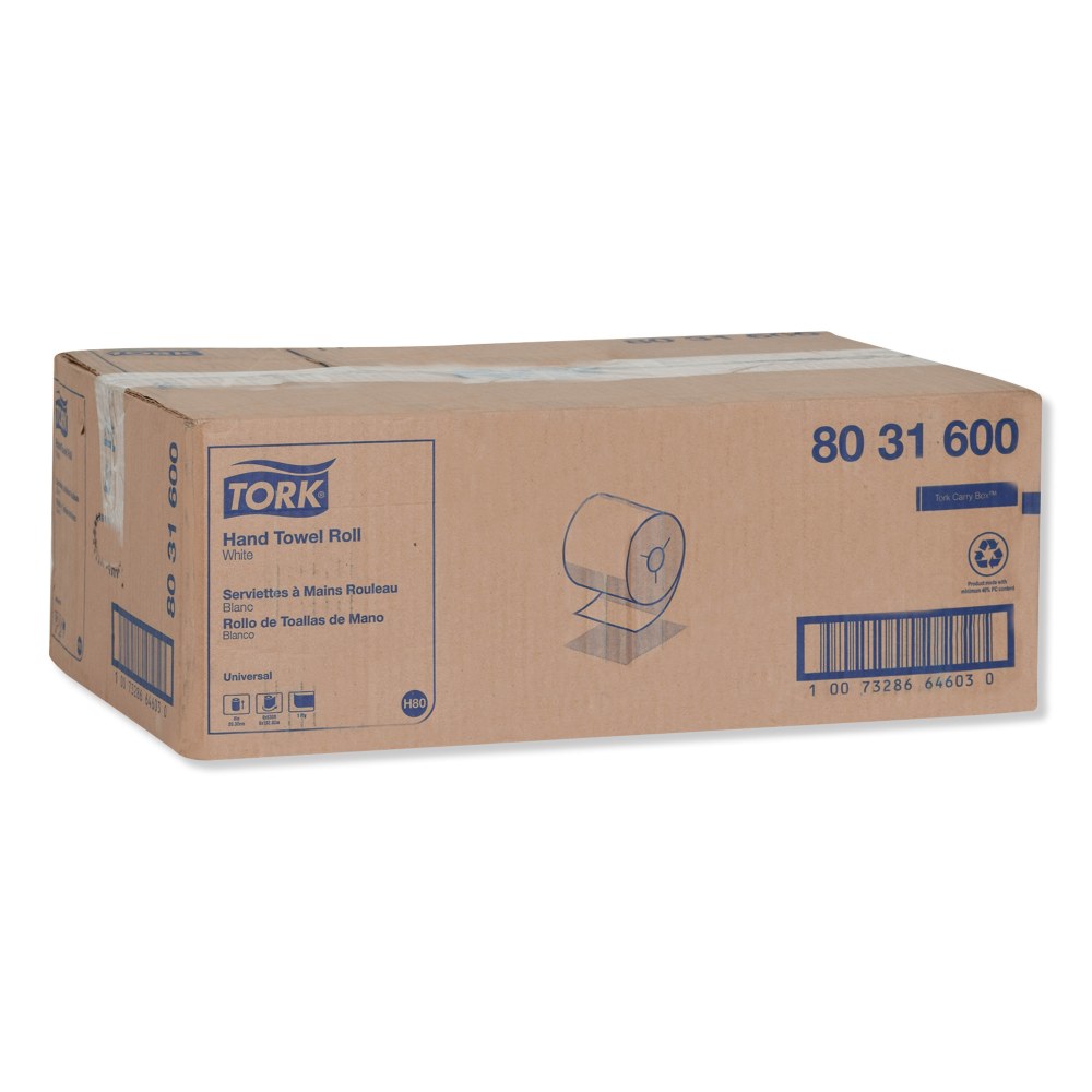 Tork Universal Hand Towel Roll, Notched, 1-Ply, 7.5in x 630 ft, White, 6 Rolls/Carton MPN:8031600