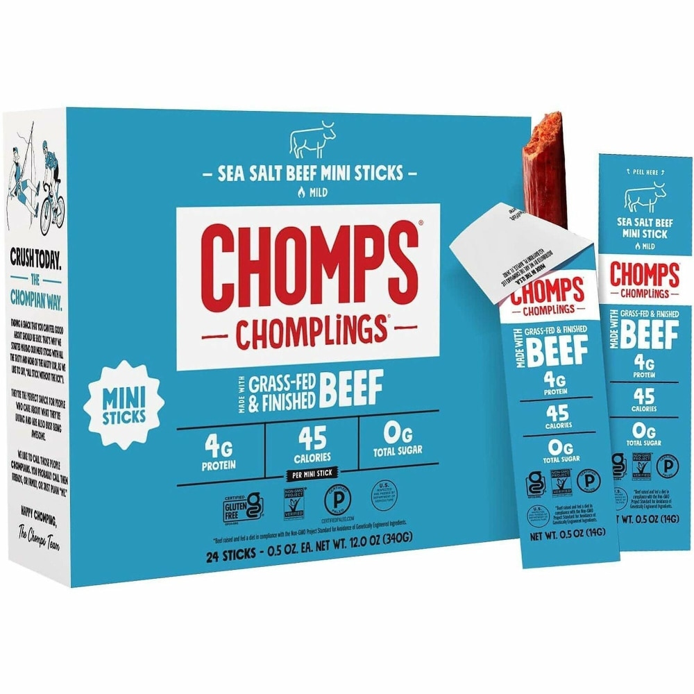 CHOMPS Chomplings Sea Salt Beef Jerky Sticks - 0.50 oz - 24 / Pack MPN:LCSB24