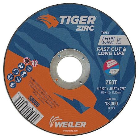 4-1/2 X 045 Tiger Zirc TY1 C-O Whl 7/8 Ah MPN:58000