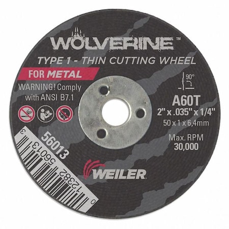 Abrasive Cut-Off Wheel, Type 1, 2 in Dia, 0.035 in Thick, Aluminum Oxide MPN:56013