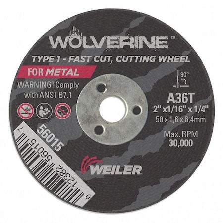Abrasive Cut-Off Wheel, Type 1, 2 in Dia, 0.0625 in Thick, 1/4 in Arbor Hole Size, Aluminum Oxide MPN:56015