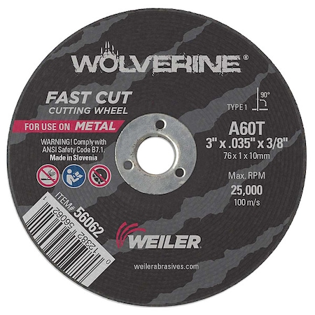 Abrasive Cut-Off Wheel, Type 1, 3 in Dia, 0.035 in Thick, 3/8 in Arbor Hole Size, Aluminum Oxide MPN:56062