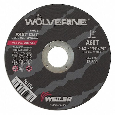 Abrasive Cut-Off Wheel, Type 1, 4 1/2 in Dia, 0.0625 in Thick, 7/8 in Arbor Hole Size, 60 Grit MPN:56103