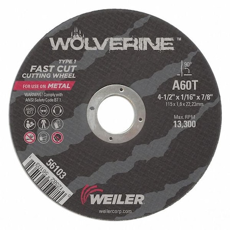 Abrasive Cut-Off Wheel, Type 1, 5 in Dia, 0.0625 in Thick, 7/8 in Arbor Hole Size, Aluminum Oxide MPN:56118
