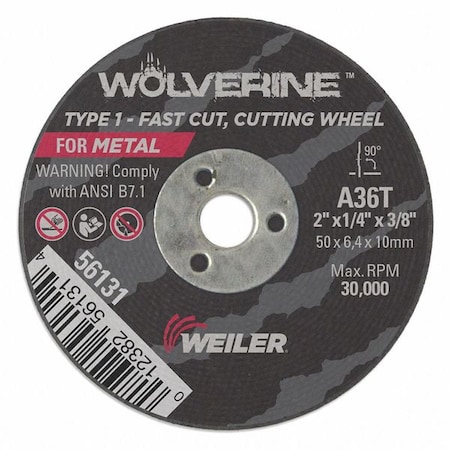 Abrasive Cut-Off Wheel, Type 1, 2 in Dia, 0.25 in Thick, 3/8 in Arbor Hole Size, Aluminum Oxide MPN:56131